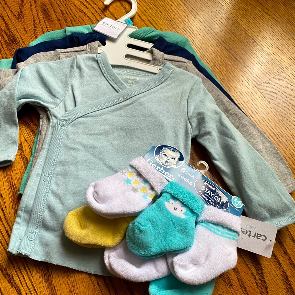 NWT Carters Long Sleeve Wrap Tops (6M) + Socks (3-6M)